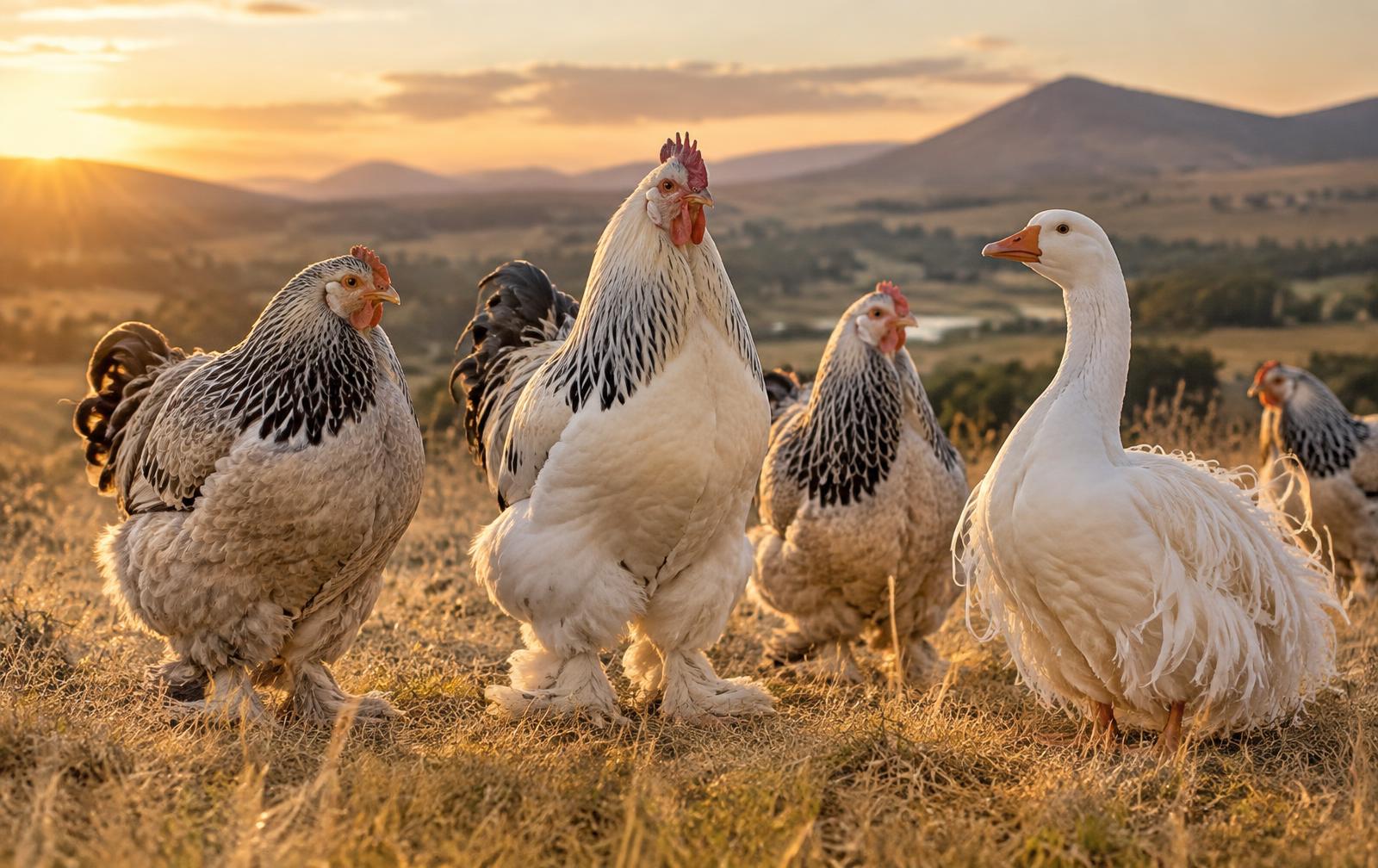 Brahma chickens and a Sebastopol goose on golden grassland at sunset